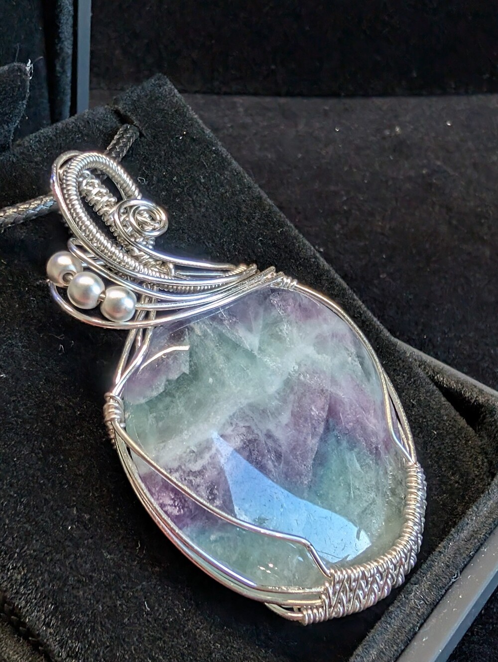 Silver-Plated Fluorite Pendant | Wire Wrapped | Purple Green | Handmade - Picture 6 of 9